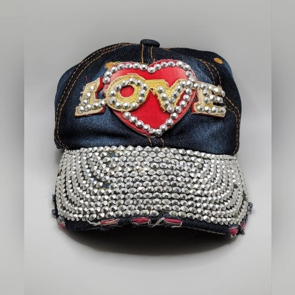 Distressed Denim Embellished Beaded Ball Cap 